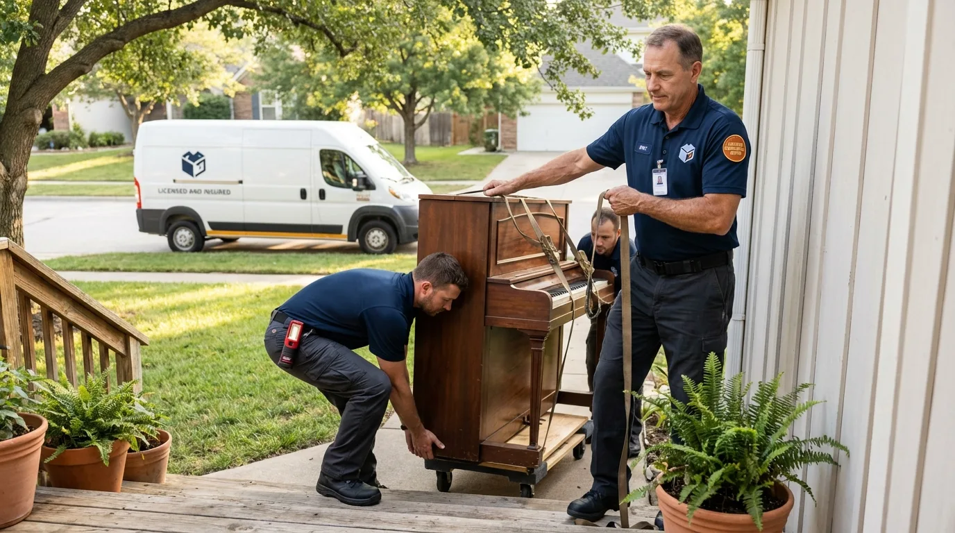 Licensed piano movers securing grand piano in Memphis, MI