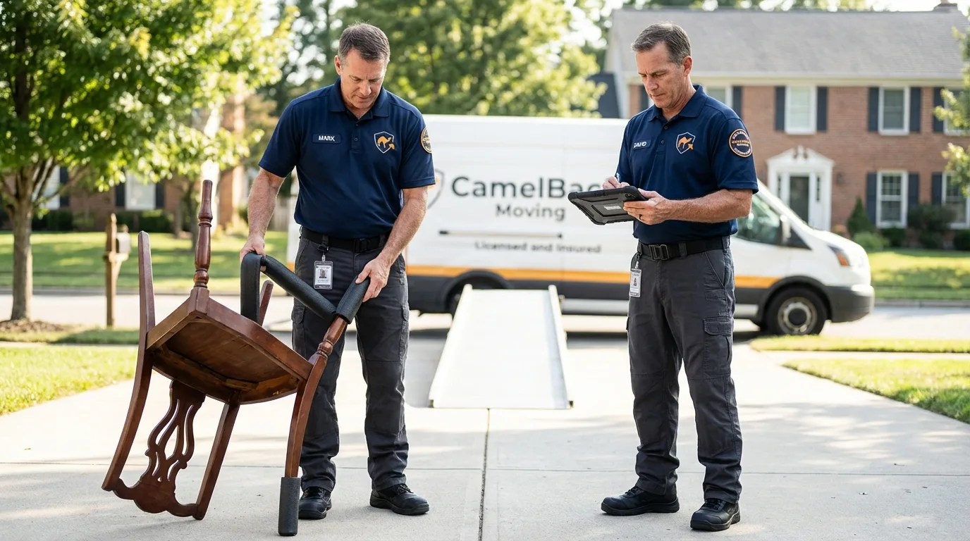 Movers inspecting furniture for damage prevention before loading in Memphis, MI
